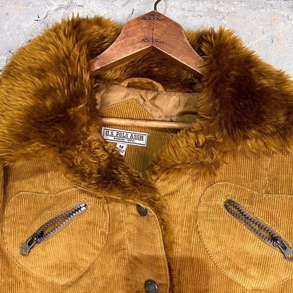 Y2k us polo assn. camel tan corduroy shearling zip up jacket medium nwt - Picture 3 of 9